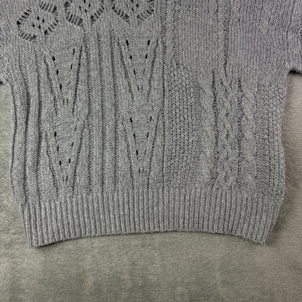 Amadi Athropologie L Grey Chunky Sweater Mixed Cable Pointelle Knit Cottage Core - Picture 3 of 12